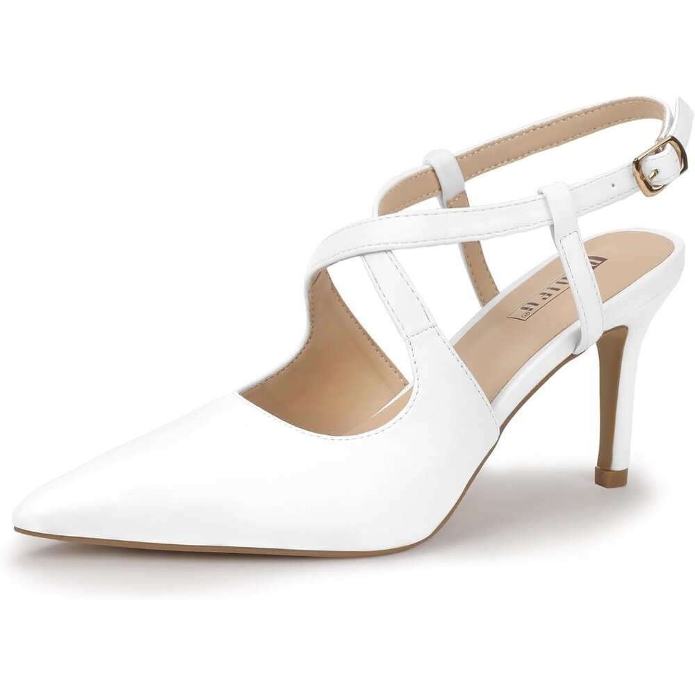 Women's White Pu Closed Pointed Toe Heels Low Stilettos Pumps Slingback Shoes